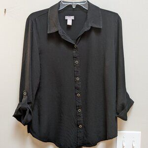 Chico's Black Rayon Rolled Tab Long Sleeve Botton Up Collared Sexy Blouse Shirt